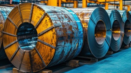 Rolls of sheet steel in selective focus. Cold rolled and hot rolled steel products for sale.