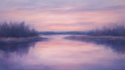 A pastel sky at twilight over a still pond, with soft hues of lavender and pink reflected perfectly on the water below