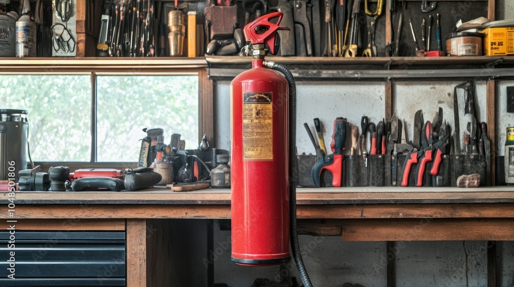 Poster red fire extinguisher hanging in a workshop