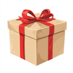 A simple brown gift box with a bright red ribbon tied into a bow.