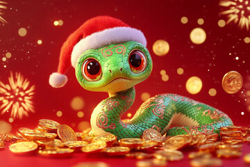 3D Rendered Cute Green Snake for Chinese New Year 2025, Symbol of Good Fortune and Wealth