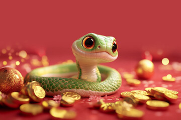 Fototapeta premium 3D Rendered Cute Green Snake for Chinese New Year 2025, Symbol of Good Fortune and Wealth