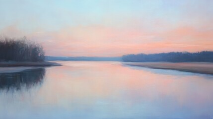 Obraz premium A pastel sky over a tranquil river at dawn, with light pinks and blues reflecting softly on the still waters below