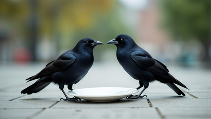 Fototapeta premium Two Crows Standing Close on the Sidewalk Beside a Gleaming White Plate in an Urban Setting