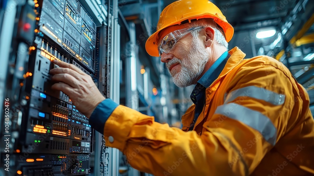 Poster elder engineer inspecting computer server in industrial factory, surrounded by machinery, focused on