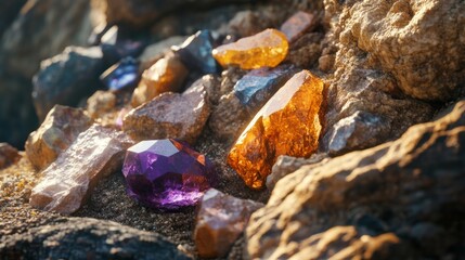 Close-up of colorful gemstones on rocks.