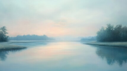 A pastel sky over a tranquil river at dawn, with light pinks and blues reflecting softly on the still waters below