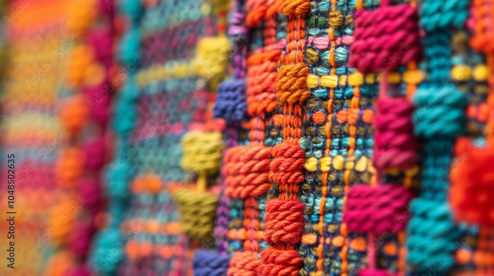 Poster woven textile fabric featuring a colorful abstract pattern created using a variety of yarn colors an