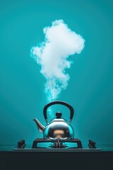A silver tea kettle is sitting on a stove, with steam rising from it