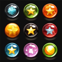 Nine colorful round buttons with stars inside.