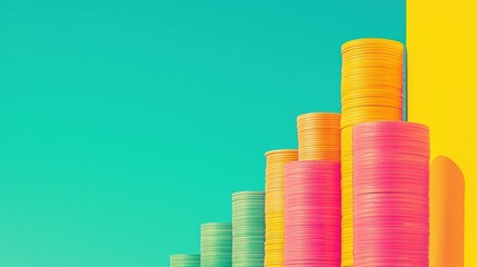 Colorful stacks of coins symbolize growth and financial success against a vibrant backdrop.