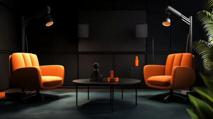 Two orange chairs face each other in a modern studio, ready for a podcast or interview.