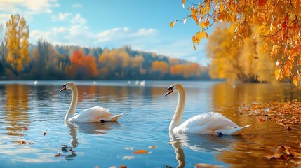 Fototapeta premium Two swans are swimming in a lake with autumn leaves floating on the surface