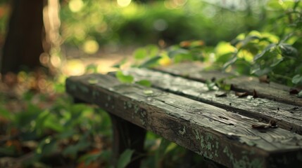 Naklejka premium Old wooden bench with peeling paint is being taken over by lush green plants, creating a peaceful garden atmosphere