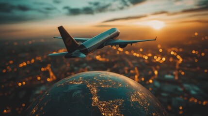 Naklejka premium Airplane Over Globe at Sunset
