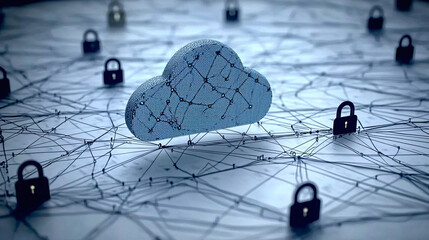 Floating personal data points surround a secure cloud icon, with each point shielded by encryption and padlocks for added protection