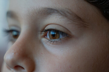 Mirada de un niño inocente llena de brillo y calidad humana con ojos claros y luz de la mañana en...