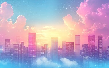 Fototapeta premium Digital Art, Cityscape Sunset with Pink and Blue Clouds