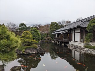 Obraz premium Himeji, Japan - 12.19.2023: A traditional house with a wooden observation deck over a peaceful pond full of goldfishes surrounded by trees in Koko-en under a cloudy sky without tourists