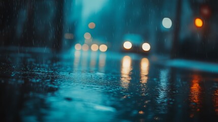 Rainy Night Reflections on Wet Streets with Blurry Car Lights