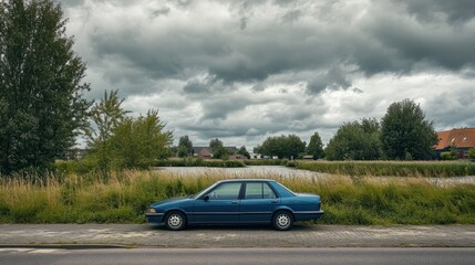 A blue parked car on the side of the road near the ringvaart canal in the North-Holland village of Abbenes on a cloudy day in the Netherlands.