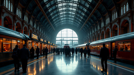 A Stunning Large Train Station Bursting with Life and Intricate Architectural Details