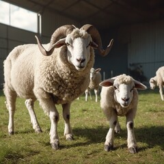Fototapeta premium Countryside view with sheeps. Rural nature animals farm.
