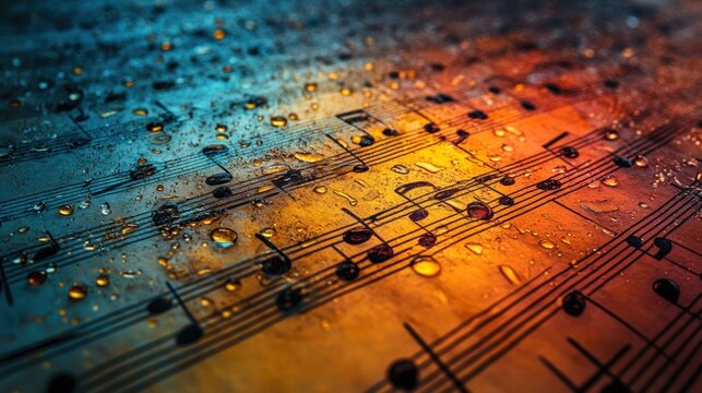Close up of sheet music covered in raindrops.