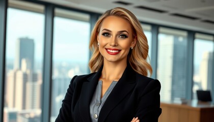 Confident Businesswoman in Modern Office Setting with City View