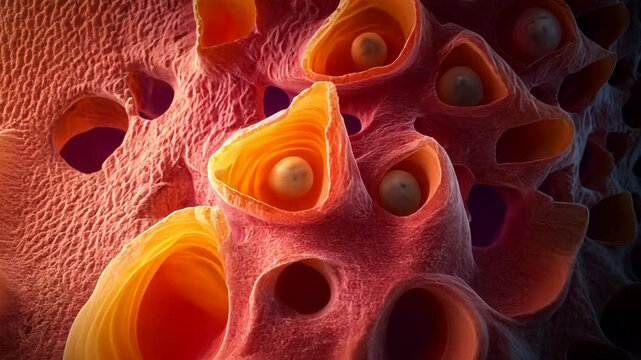 This is a close-up of a microscopic sponge, showing the porous structure and intricate details