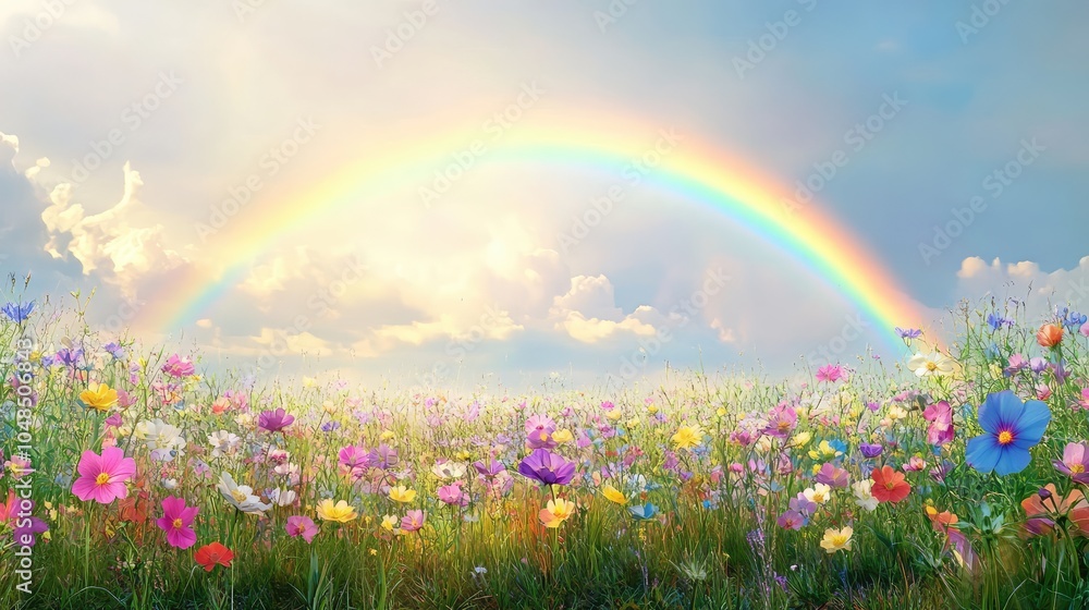 Poster a rainbow arching over a field of flowers under a partly cloudy sky, creating a bright and cheerful 