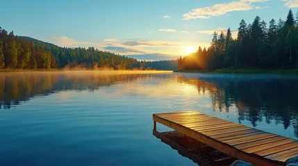 Fototapete Rund A wooden dock sits on the edge of a lake, with the sun setting in the background © Sangsung
