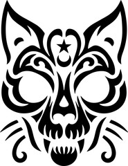 Mystical cat, feline, mask style, with star and moon on the forehead, tribal style