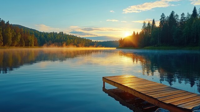 A wooden dock sits on the edge of a lake, with the sun setting in the background