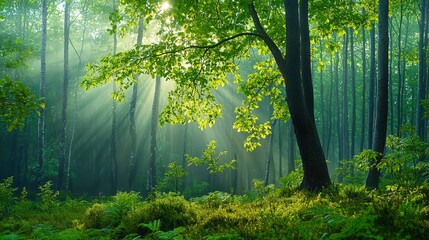 Obraz premium A tree in a forest with sunlight shining on it