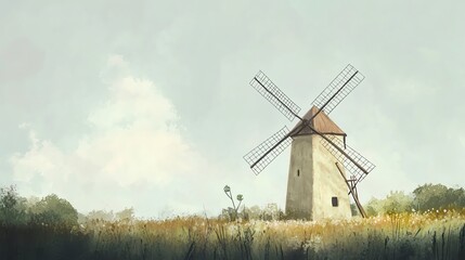 Fototapeta premium A serene landscape featuring a rustic windmill surrounded by vibrant fields and a soft cloudy sky.