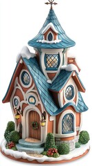 Obraz premium A whimsical, colorful cottage with decorative windows and a snowy roof, perfect for holiday decorations or fairy tale themes.
