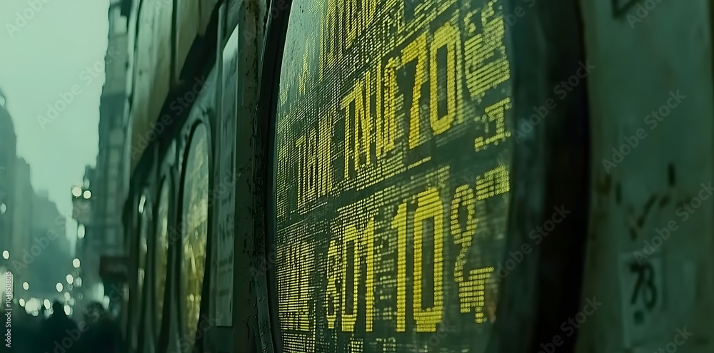 Poster a close-up of a digital display showing numbers and text in a futuristic urban setting.