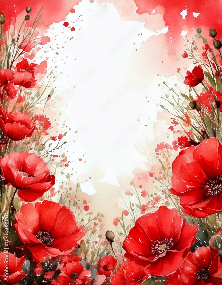 Poster watercolor background with red flowers with empty copy space in the middle