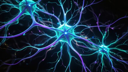 A vibrant and dynamic close-up of a neuron highlighting its intricate pathways in shades of blue and purple against a black background, perfect for scientific or abstract themes