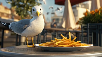 A seagull steals fries from a plate in the outdoor area of a restaurant.