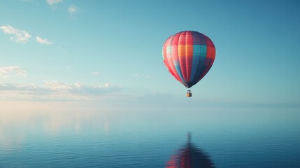 Fototapeta premium A serene blue sky with a brightly colored hot air balloon drifting above a lake, its reflection shimmering on the calm water below