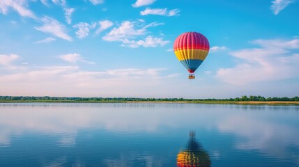 Fototapeta premium A serene blue sky with a brightly colored hot air balloon drifting above a lake, its reflection shimmering on the calm water below