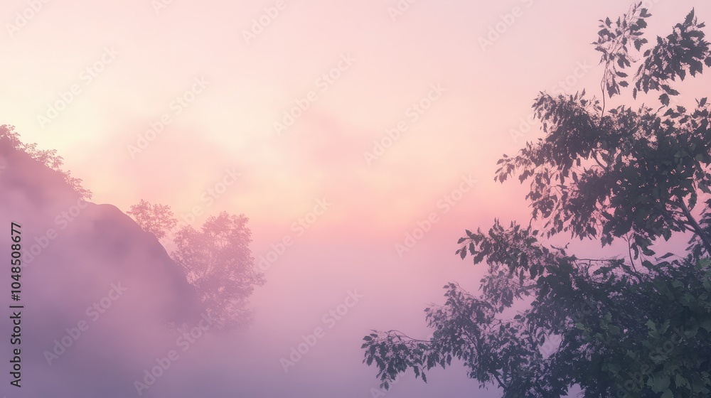 Aufkleber a serene hazy sky at twilight with soft lavender and peach tones blending into the mist, creating a 