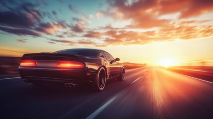 A sleek car driving on an open road during a stunning sunset, showcasing speed and freedom in a vibrant landscape.