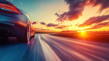 A sleek car driving on an open road during a stunning sunset, showcasing speed and freedom in a vibrant landscape.