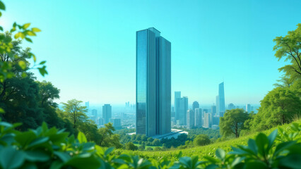 Fototapeta premium A Striking Tall Building Adding Modern Edge to the Urban Landscape Surrounded by Lush Greenery and a Clear Blue Sky