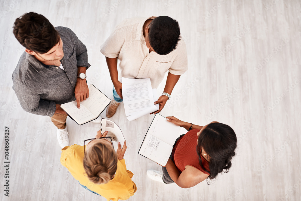 Poster teamwork, diversity and above for brainstorming or workshop in agency, office and business as group.