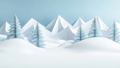 A serene winter landscape featuring stylized mountains and evergreen trees, created with a paper-cut aesthetic.