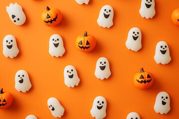 Naklejka premium Halloween-themed pattern made of cute ghosts and pumpkins on an orange background, a flat-lay top-view pattern wallpaper banner with a copy space area.